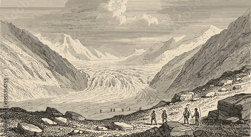 Vintage Engraving of Mountaineers Exploring a Glacial Valley