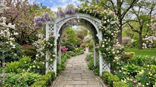 Beautiful blooming floral garden archway over stone path in spring