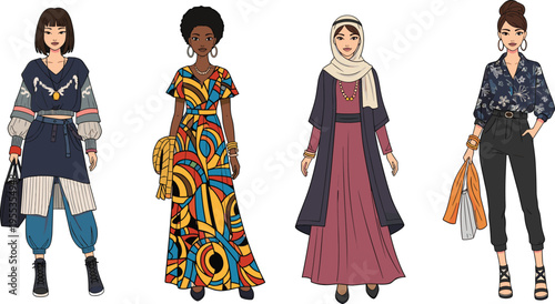 Diverse women fashion characters set with cultural outfits modern stylish clothing ethnic dress flat vector illustration collection