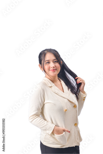 High-key portrait of young woman in light blazer