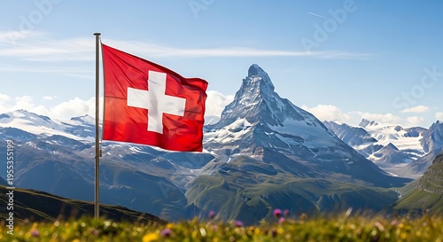 Swiss flag waving in front of the matterhorn mountain