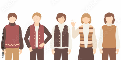 Five stylized figures stand in a row each with unique autumnal outfits