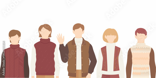 Stylized illustration of five people standing in a row facing forward