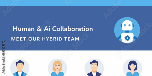 Human and ai collaboration concept with team members and a robot icon
