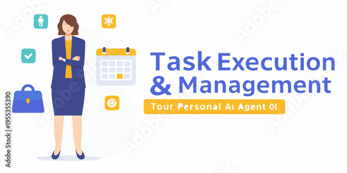 Professional woman with icons representing task execution and ai management
