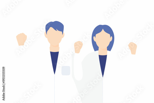 Two figures in white coats raise their fists in celebration