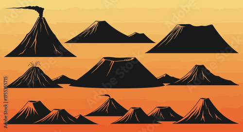 Set of Volcano Silhouettes on Sunset Background