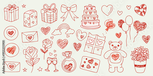 Hand drawn collection of romantic gifts hearts and celebratory items