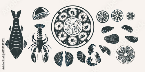 Stylized illustration of various seafood including fish and shellfish