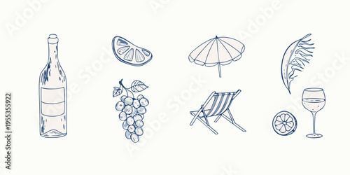 Summer vacation themed sketches wine fruit beach chair and foliage