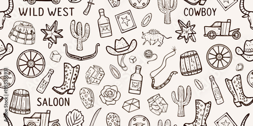 A vintage hand drawn wild west themed seamless pattern with various elements