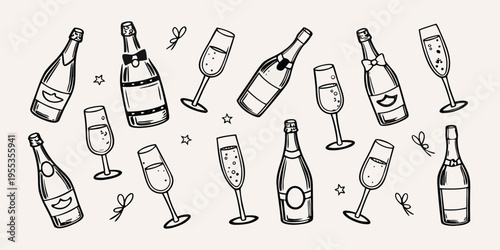 A celebratory collection of champagne bottles and flutes hand drawn style