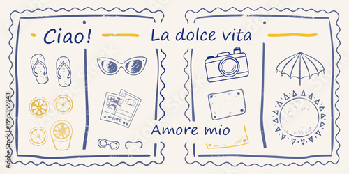A charming doodle postcard featuring italian summer vacation elements