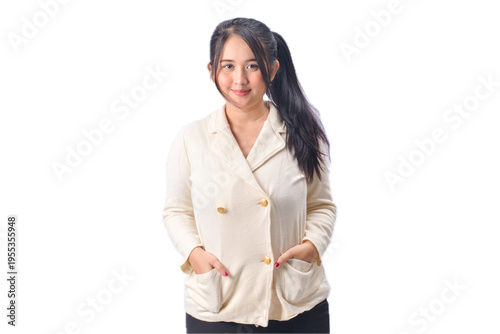 Overexposed portrait of smiling woman in light blazer