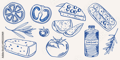 A collection of hand drawn mediterranean food items arranged on a light background