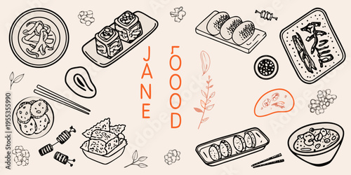 Stylized hand drawn illustration featuring various japanese food dishes and elements