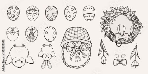 Easter themed sketches including eggs a basket bunnies and floral wreath