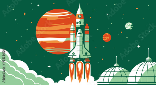 Space rocket launch from alien spaceport, science fiction poster. Vector illustration. Transparent background EPS version.