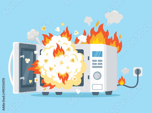 An illustration showcasing a microwave on fire with popcorn bursting out, presenting a dramatic kitchen accident scene with vivid flames and smoke.