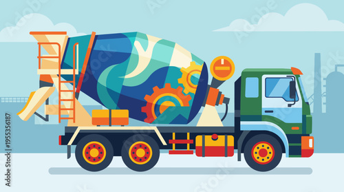 A vibrant illustration of a concrete mixer truck, creatively designed with colorful patterns, symbolizing construction and urban development.