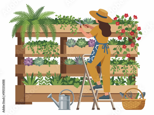 A serene scene of a woman tending to a lush vertical garden, showcasing her gardening skills and connection with nature in a colorful urban setting.