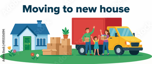 A cheerful depiction of a family happily moving into their new home, surrounded by boxes and a moving truck, illustrating the excitement of new beginnings.