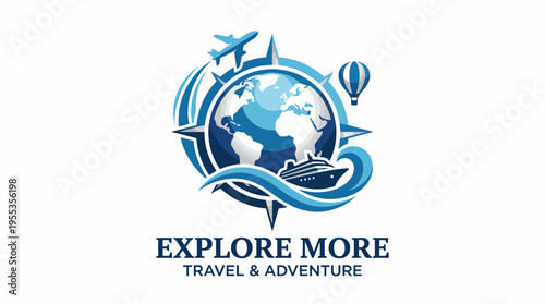 An eye-catching logo design representing travel and adventure, featuring a globe, airplane, and cruise ship, symbolizing exploration and wanderlust.