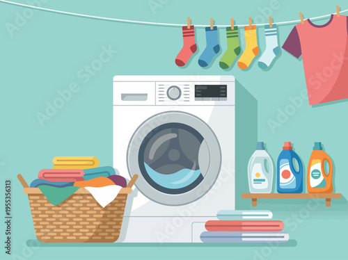 An inviting laundry room filled with vibrant clothes ready for drying alongside a modern washing machine, emphasizing cleanliness and the bright atmosphere of home chores.