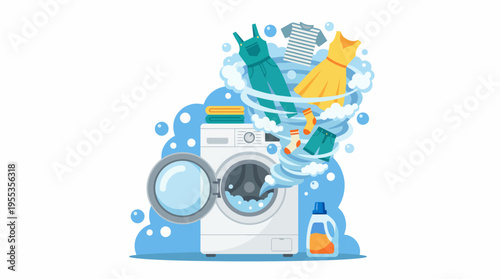 This illustration showcases a stylish washing machine surrounded by soapy bubbles, featuring colorful clothes including a dress and other garments in motion.