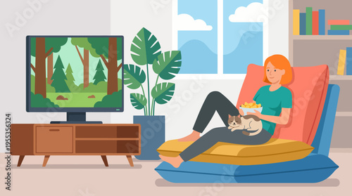 A tranquil illustration of a woman relaxing on a comfortable chair with a pet, enjoying snacks while watching a nature-themed show on the TV in a bright environment.