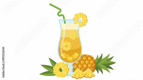 A tropical beverage illustration featuring a refreshing pineapple drink, complete with garnishes, perfect for evoking summer vibes, relaxation, and indulgence in seasonal delights.