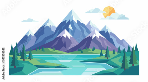 A beautifully stylized illustration of mountains and a serene lake, capturing the tranquility of nature and inspiring wanderlust, perfect for art lovers and nature enthusiasts.