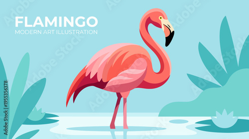 This modern illustration showcases a stylish pink flamingo gracefully standing beside shimmering water, capturing elegance and beauty in nature, perfect for tropical themes.