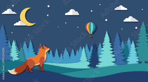 A charming illustration of a fox gazing at a colorful hot air balloon in a starry night setting, representing wonder, adventure, and the beauty of nature.