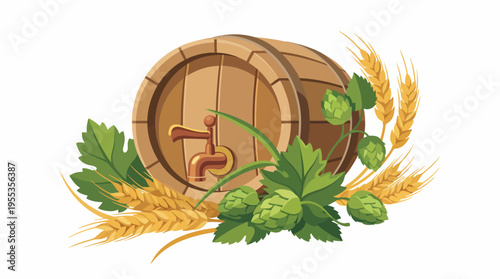This image features a classic wooden barrel accompanied by barley and hops, symbolizing the craft of brewing and the essence of beer-making in a natural setting.