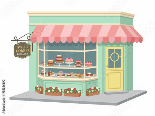 This delightful image features a charming patisserie with an array of colorful cakes and pastries, inviting viewers to indulge in the world of sweets and desserts.