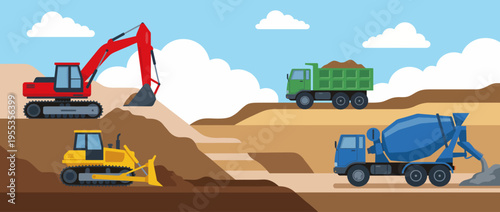 This dynamic image shows various construction machinery, like excavators and trucks, showcasing the power and complexity of modern construction sites in action.