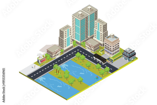Isometric city map navigations urban cartography business concept. Vector cityscape skyline 3D illustration of location town skyscraper and road