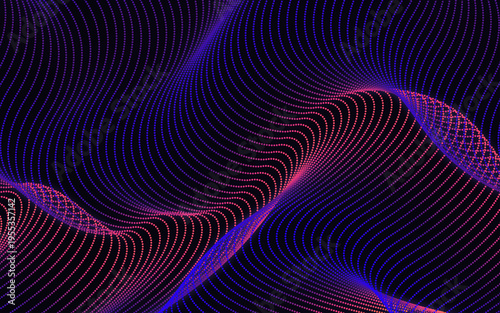 Abstract Neon Dotted Wave Background, Futuristic Digital Particle Flow, Blue Orange Pink Gradient Technology Design