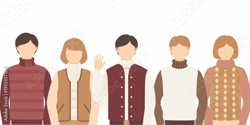 A group of five stylized people with varied autumnal clothing