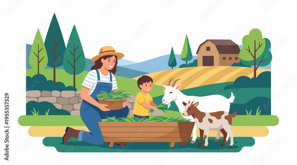 Naklejka premium A heartwarming scene of a mother and child interacting with farm animals, symbolizing family bonding, nurturing, and the joy of nature and agriculture.