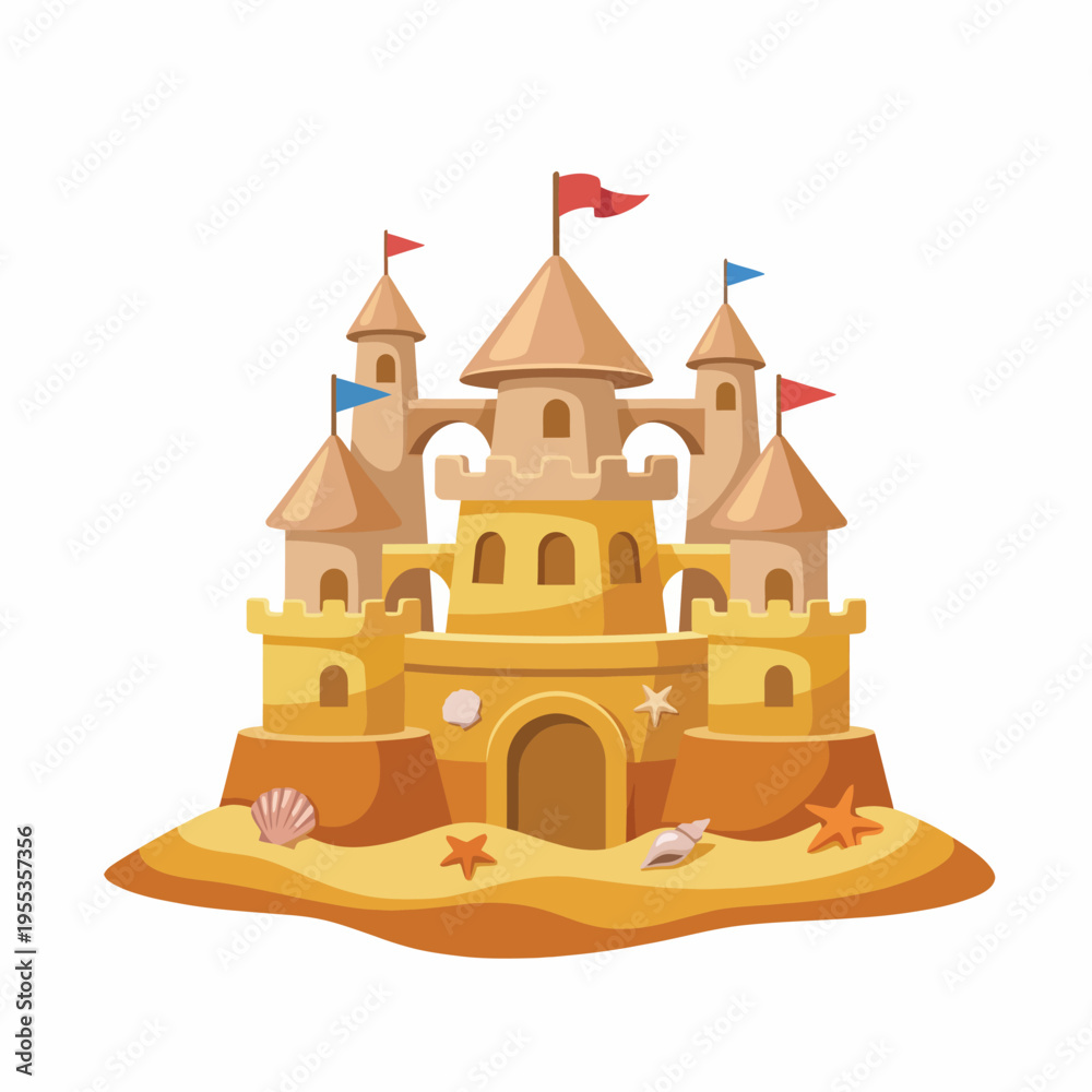 Fototapeta premium A beautiful sand castle featuring towers with flags and decorated with seashells, evoking a sense of childhood memories and summer beach fun, capturing the essence of beach life.