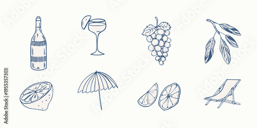 A collection of hand drawn summer elements wine citrus and beach items
