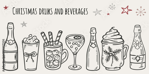 Festive christmas drinks and beverages in hand drawn style illustration