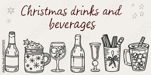 Festive christmas drinks and beverages illustrated in a hand drawn style