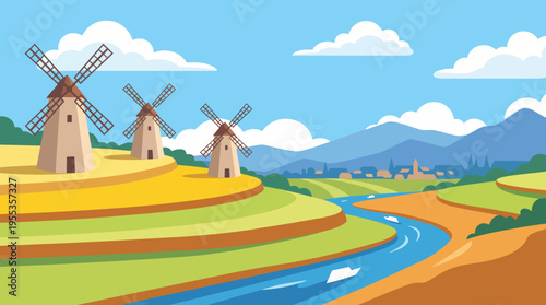 A picturesque countryside scene featuring windmills along a river, capturing the essence of tranquility, rural beauty, and a harmonious connection to nature.