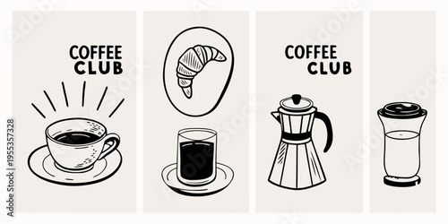 Coffee club elements cups pot croissant and beverage illustrations