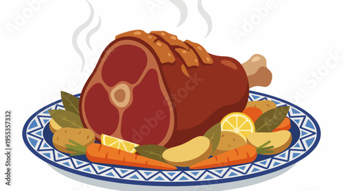 An appetizing illustration of a beautifully plated roasted meat dish, garnished with colorful vegetables, presenting not only a feast for the eyes but also for the palate.