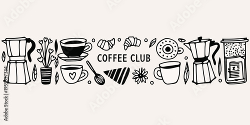 A charming doodle illustration featuring coffee makers cups and pastries