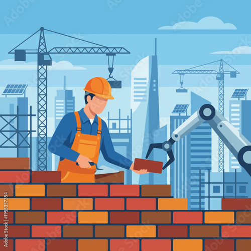 A construction worker is seen laying bricks with the assistance of a robotic arm, symbolizing advancement in construction technology and modern architecture in a bustling city.